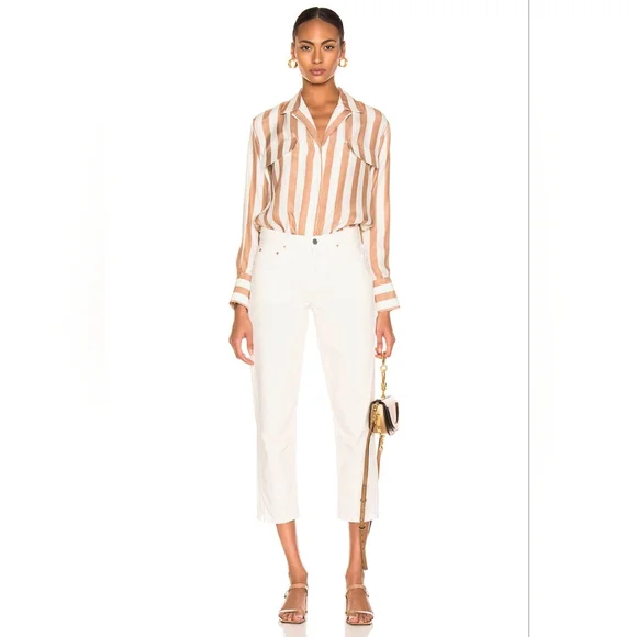 FRAME Striped Silk Button-Up Top, Pink and Cream, S